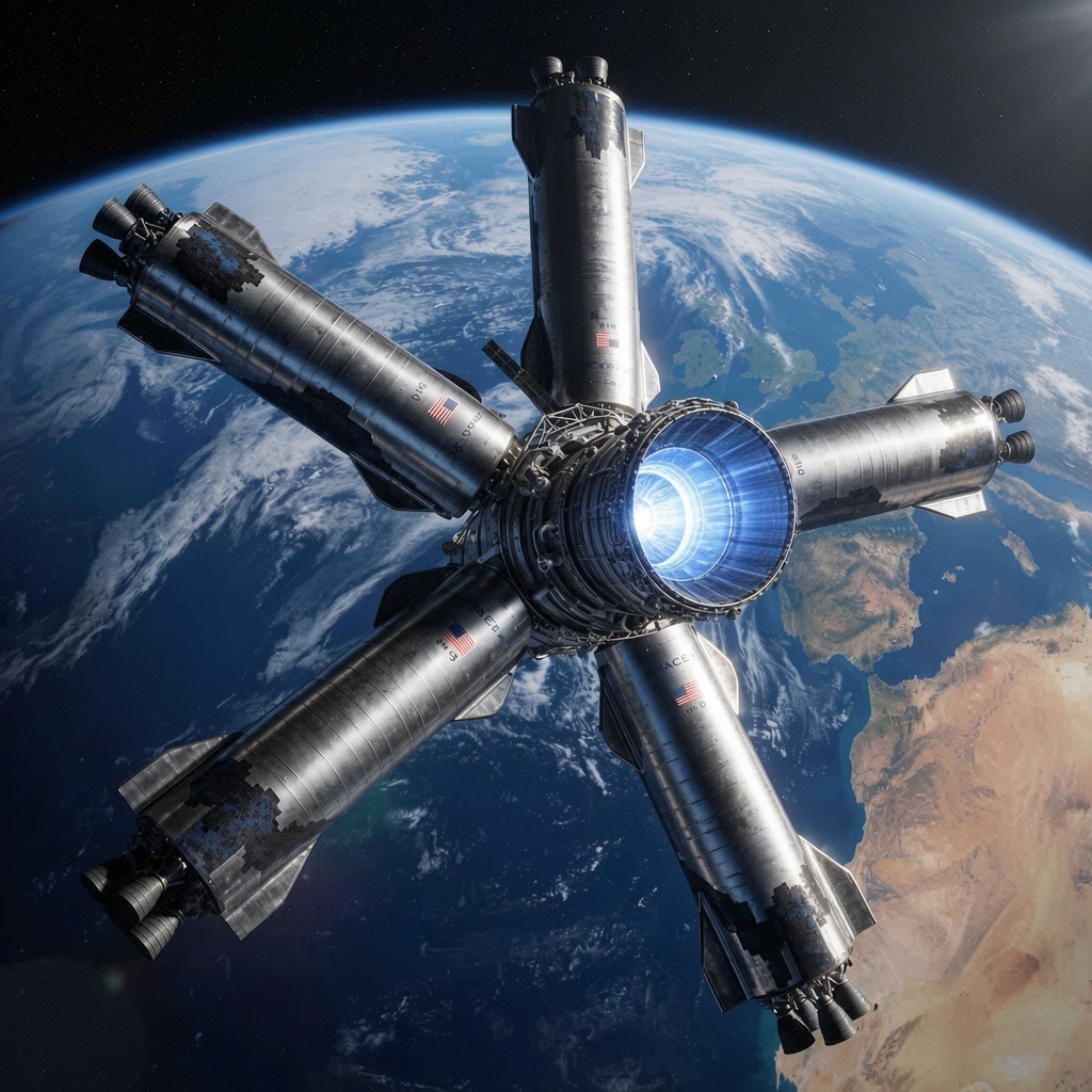 The OAKHEART core complex in Earth orbit: five reusable ships nose-docked radially around a central hub with a firing engine, above a detailed view of Earth from space.