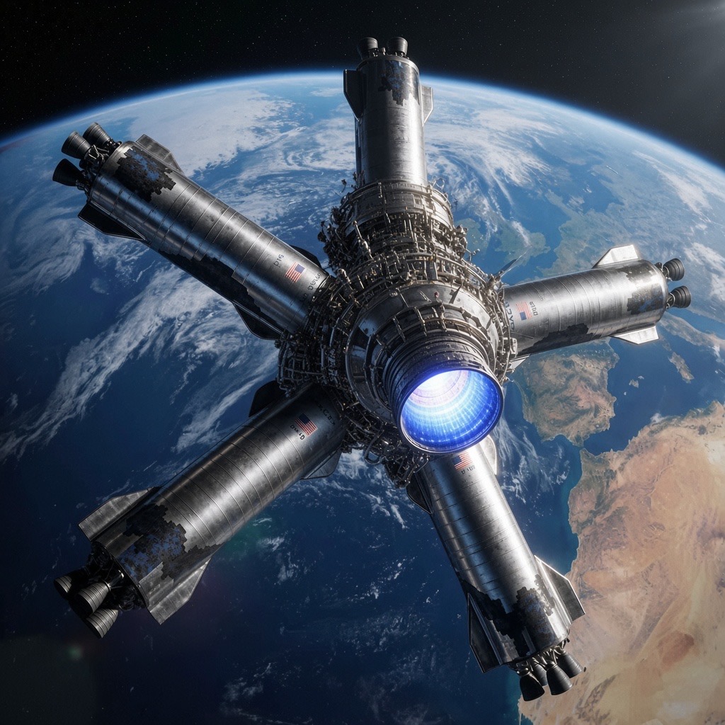 The OAKHEART core complex in orbit: five Starship-class vehicles nose-docked radially around a central hub with a firing engine, above Earth.